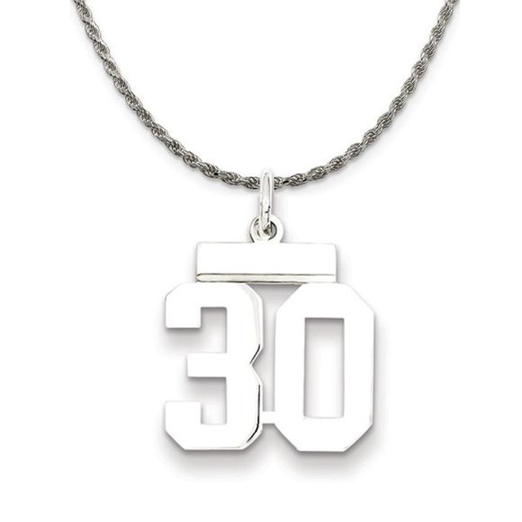 Sterling Silver Athletic Lg Polished Number 30 Necklace - 18 Inch